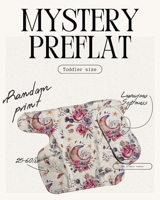 Floral-patterned preflat for toddlers with text describing size and features.